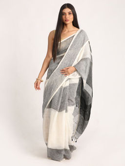 Angoshobha - White & Black Traditional Handloom Linen Saree with Unstitched Blouse