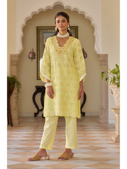 Autumnlane - Anumeha Lime Schiffli Cotton Kurta with Pant (Set of 2)