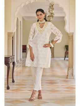 Autumnlane - Anumeha Pearl Cotton Schiffli Kurta with Pant (Set of 2)