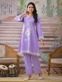 Autumnlane - Bali Lilac Applique Cotton Kurta with Pant (Set of 2)
