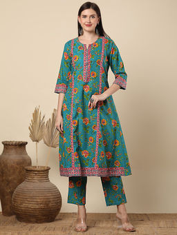 FASHOR - Vibrant Floral Printed A-Line Panelled Co-Ord - Turquoise Blue (Set of 2)