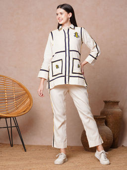 FASHOR - Solid Checks Patchwork Embroidered Straight Fit Co-Ord - Off White (Set of 2)