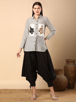 FASHOR - Geometric Stripes Woven Embroidered And Shirt With Dhoti Pant - Multi (Set of 2)