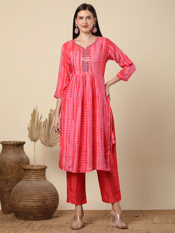 FASHOR - Shibori Printed And Mirror Embroidered A-Line Pleated Kurta With Pant - Red (Set of 2)