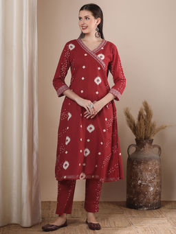 FASHOR - Bandhani Printed A-Line Panelled Kurta With Pant - Red (Set of 2)
