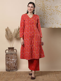 FASHOR - Floral Printed A-Line Kurta With Pant - Red (Set of 2)