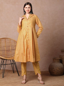 FASHOR - Solid Cotton Dobby Floral Embroidered A-Line Pleated Co-Ord - Orange (Set of 2)