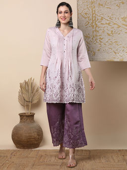 FASHOR - Solid Floral Embroidered A-Line Pleated Kurta With Palazzo - Purple (Set of 2)