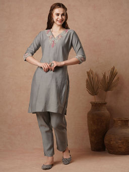 FASHOR - Solid Floral Hand Embroidered Straight Fit Co-Ord - Grey (Set of 2)