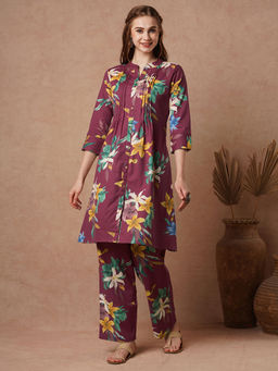 FASHOR - Vibrant Abstract Floral Printed A-Line Pleated Co-Ord - Burgundy (Set of 2)
