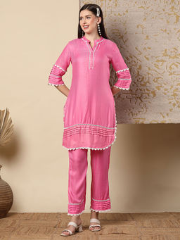 FASHOR - Solid Pin Tucked Straight Fit Co-Ord - Pink (Set of 2)