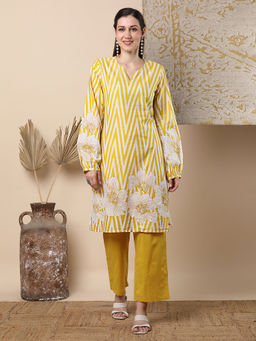 FASHOR - Abstract Floral Stripes Printed And Embroidered Kurta With Pant - Yellow (Set of 2)