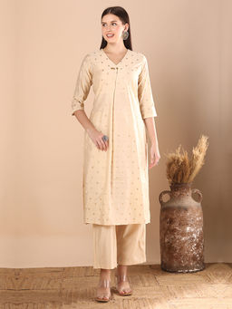 FASHOR - Solid Woven A-Line Kurta With Pant - Cream (Set of 2)