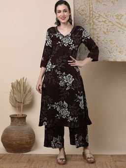 FASHOR - Abstract Floral Printed Straight Fit Co-Ord - Burgundy (Set of 2)