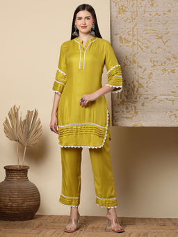 FASHOR - Solid Pin Tucked Straight Fit Co-Ord - Lime Green (Set of 2)