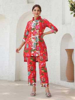 Rain & Rainbow - Printed Shirt Collar Pure Cotton High Low Co-Ord (Set of 2)