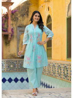 Autumnlane - Lakshita Aqua Embroidery Cotton Kurta with Pant (Set of 2)