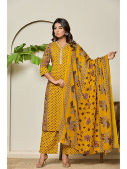 Autumnlane - Mika Corn Printed Cotton Kurta & Palazzo With Dupatta (Set of 3)