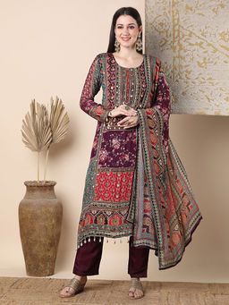 FASHOR - Floral Printed Embroidered A-Line Kurta With Pant And Dupatta - Purple (Set of 3)