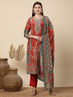 FASHOR - Ornamental Printed And Fit Kurta With Pant And Tissue Dupatta - Rust (Set of 3)