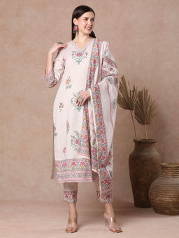 FASHOR - Mughal Printed And Embroidered Cut Kurta With Pant & Dupatta - Off White (Set of 3)