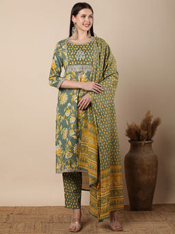 FASHOR - Floral And Dori Embroidered Straight Kurta With Pant & Dupatta - Green (Set of 3)