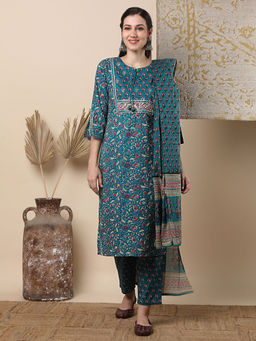 FASHOR - Printed And Resham Zari Embroidered Kurta With Pant & Dupatta - Blue (Set of 3)