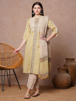 FASHOR - Floral Printed And Embroidered Straight Kurta With Pant & Dupatta - Yellow (Set of 3)