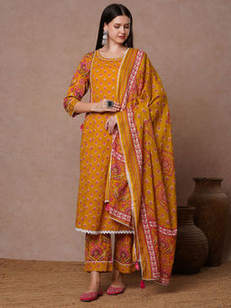 FASHOR - Ornamental Printed & Embroidered A-Line Kurta With Pant & Dupatta - Mustard (Set of 3)