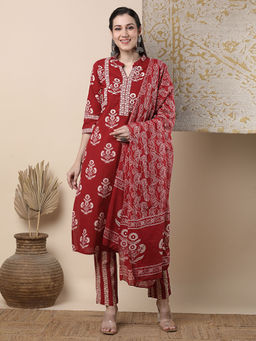 FASHOR - Floral Printed Embroidered Straight Fit Kurta With Pant And Dupatta - Red (Set of 3)