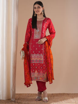 FASHOR - Floral Woven Straight Fit Kurta With Pant And Dupatta - Red (Set of 3)