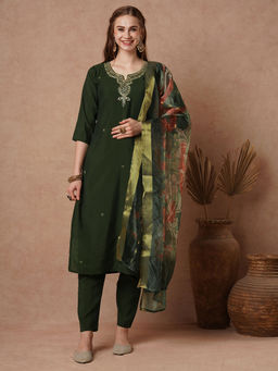 FASHOR - Solid Resham And Cut Kurta With Pant And Printed Dupatta -Green (Set of 3)