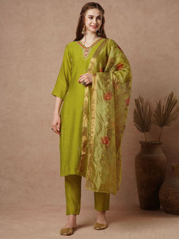 FASHOR - Red Resham And Kurta With Pant And Dupatta - Lime Green (Set of 3)