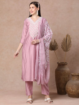 FASHOR - Embroidered Straight Cut Kurta With Pant And Printed Dupatta - Lavender (Set of 3)