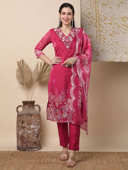 FASHOR - Floral Printed And Embroidered Straight Kurta With Pant And Dupatta - Pink (Set of 3)