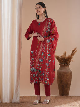 FASHOR - Floral Printed And Embroidered Straight Kurta With Pant And Dupatta - Red (Set of 3)