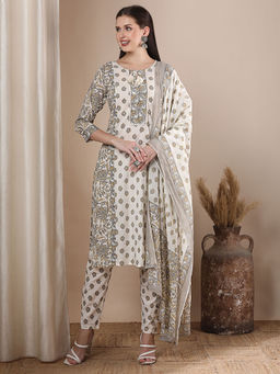 FASHOR - Floral Block And Embroidered Cut Kurta With Pant & Dupatta - Off White (Set of 3)