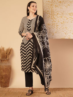 FASHOR - Geometric Stripes Embroidered Straight Kurta With Pant & Dupatta - Multi (Set of 3)