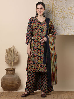 FASHOR - Floral Embroidered Straight Kurta With Palazzo & Dupatta - Navy Blue (Set of 3)