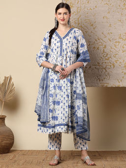 FASHOR - Printed And Hand Embroidered Anarkali Kurta With Pant & Dupatta - Off White (Set of 3)