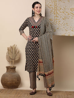 FASHOR - Floral Printed And Embroidered Straight Kurta With Pant And Dupatta - Black (Set of 3)