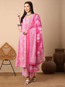 FASHOR - Printed And Floral Embroidered A-Line Kurta With Palazzo And Dupatta - Pink (Set of 3)