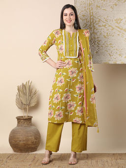 FASHOR - Floral And Embroidered Straight Kurta With Pant & Dupatta - Mustard Green (Set of 3)