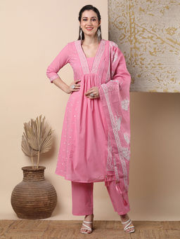 FASHOR - Solid Embroidered A-Line Pleated Kurta With Pant And Dupatta - Pink (Set of 3)