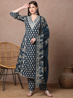 FASHOR - Floral Embroidered A-Line Panelled Kurta With Pant & Dupatta - Teal Blue (Set of 3)