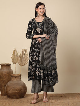 FASHOR - Printed And Hand Embroidered Anarkali Kurta With Pant & Dupatta - Black (Set of 3)