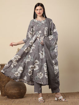 FASHOR - Artsy Floral And Embroidered Anarkali Kurta With Pant & Dupatta - Grey (Set of 3)
