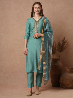FASHOR - Mirror And Resham Tissue Kurta With Pant And Dupatta - Blue (Set of 3)