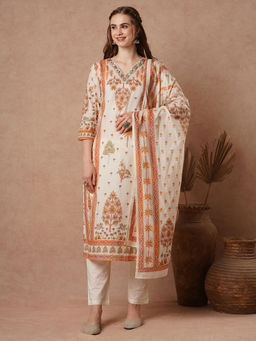 FASHOR - Floral Printed And Resham Kurta With Pant And Dupatta - White (Set of 3)