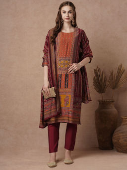 FASHOR - Mughal Printed And Embroidered Straight Kurta With Pant And Dupatta - Rust (Set of 3)